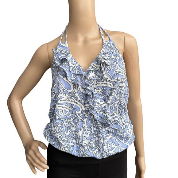 Express Women's Blue White Paisley Ruffled Sleeveless Halter Neck Top Size S - Picture 1 of 5